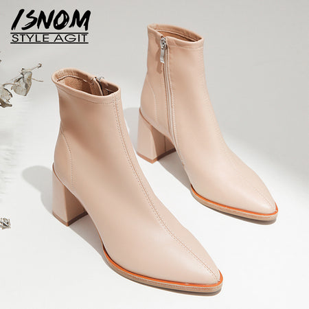 Eilyken Women PU Leather Ankle Boots Thick Heels Pointed Toe Night Club Party Shoes Woman Basic Boots Office Pumps size 41 42