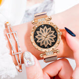 Top Brand Women Mesh Magnet Buckle Lucky Flower Watch Luxury Ladies Geometric Surface Quartz Watch Relogio Feminino