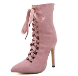 Eilyken Punk Women Ankle Boots Spring Gladiator Short Boots Strappy Lace Up Pointed Toe Stilettos Boot Sandals Pumps 12CM